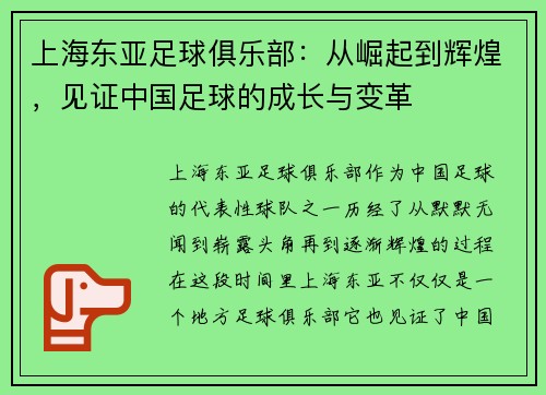 上海东亚足球俱乐部：从崛起到辉煌，见证中国足球的成长与变革
