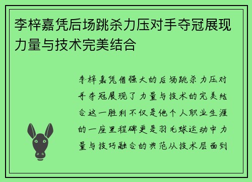 李梓嘉凭后场跳杀力压对手夺冠展现力量与技术完美结合