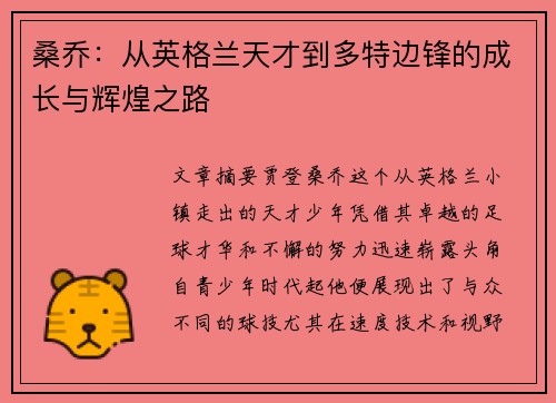 桑乔：从英格兰天才到多特边锋的成长与辉煌之路