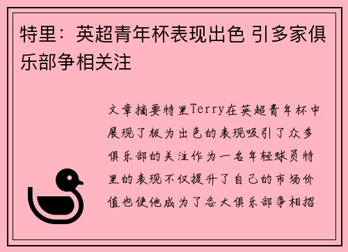 特里：英超青年杯表现出色 引多家俱乐部争相关注